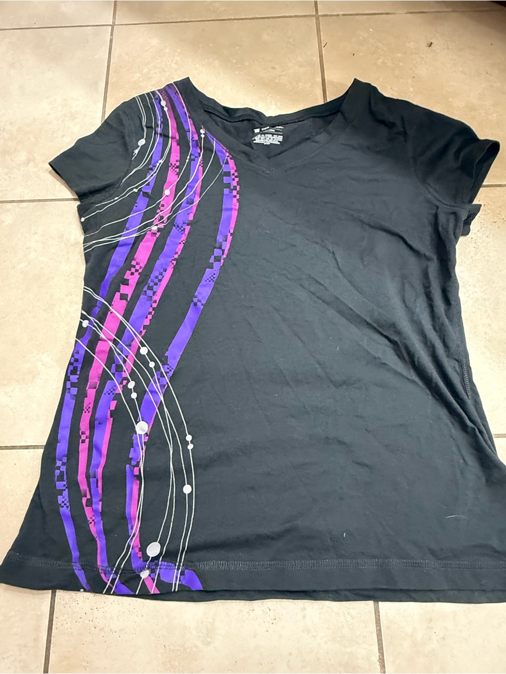 Women's Black V-Neck Tee with Purple & Pink Graphic Performance Tee Size L